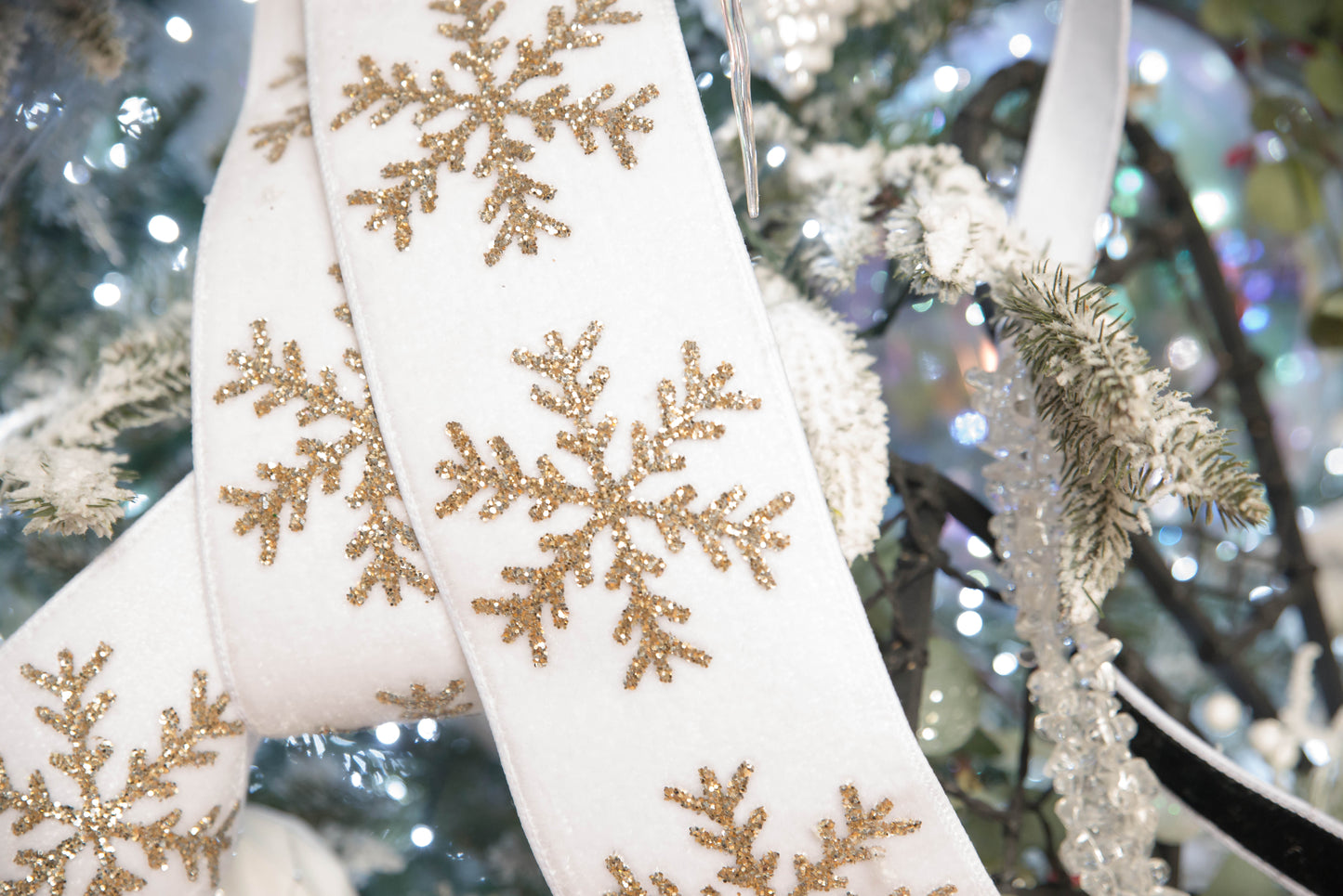 White Velvet Glittered Snowflake WIRED Designer Ribbon, 4 Inch by 5 Yards