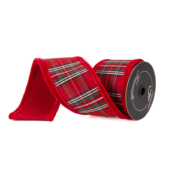 Angsley Manor Red Plaid with Red Puffy Borders WIRED Desinger Ribbon by Farrisilk 4 Inch by 10 Yards