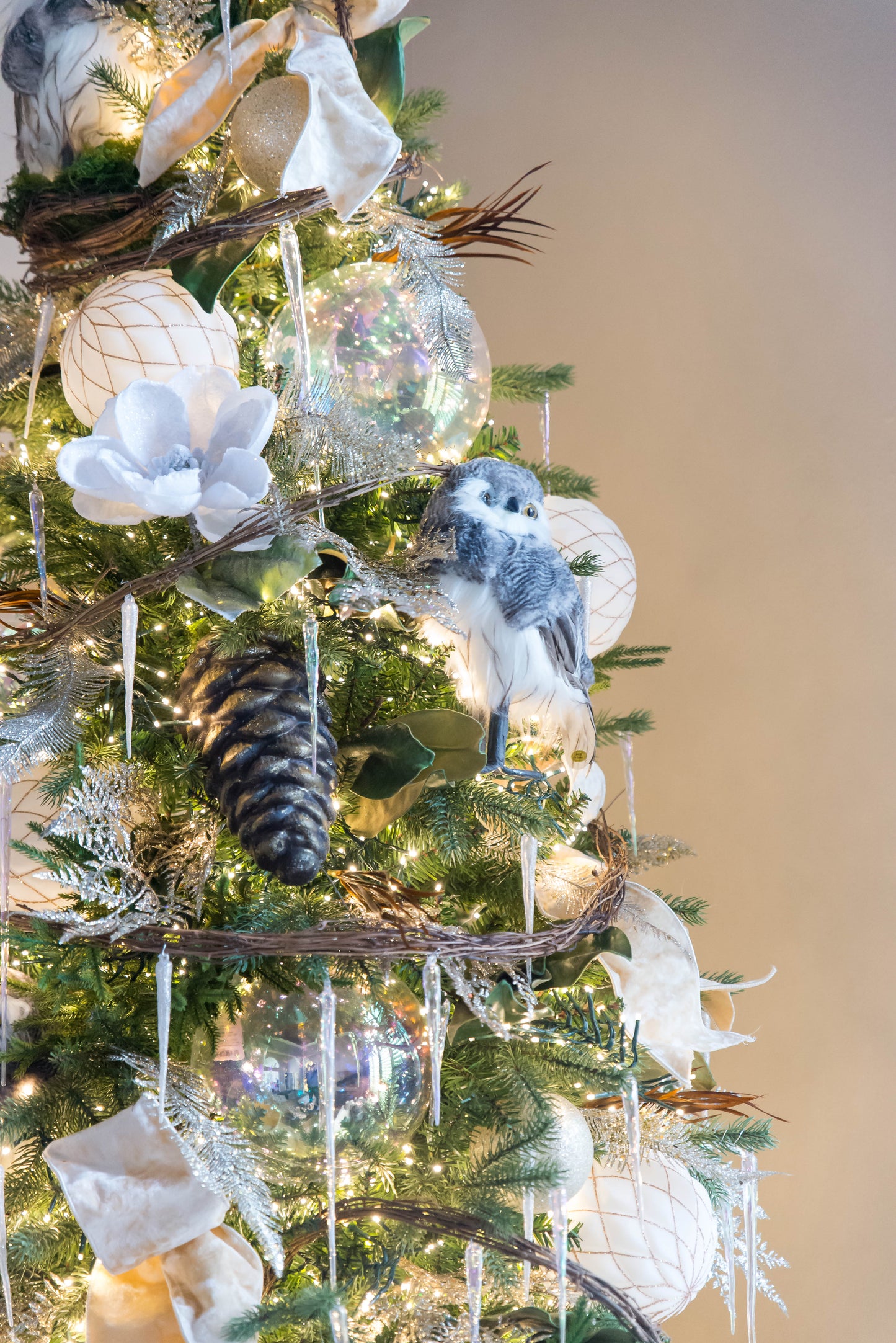 8" Shatterproof Iridescent Clear Finish Designer Ball Ornament, Pre-Wired for Christmas Decorating