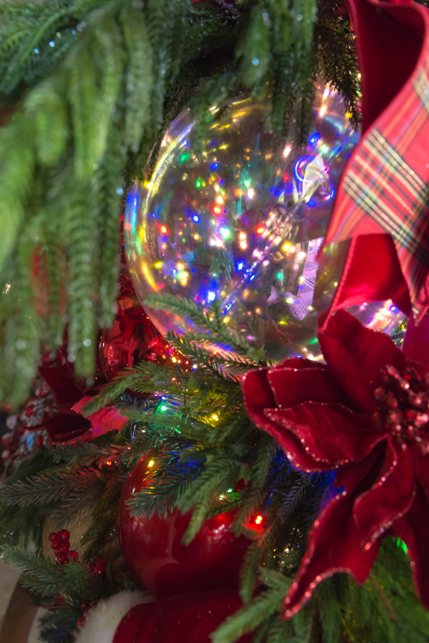 8" Shatterproof Iridescent Clear Finish Designer Ball Ornament, Pre-Wired for Christmas Decorating