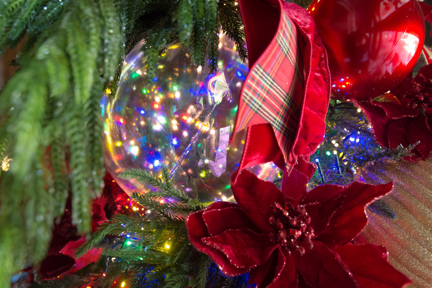 8" Shatterproof Iridescent Clear Finish Designer Ball Ornament, Pre-Wired for Christmas Decorating