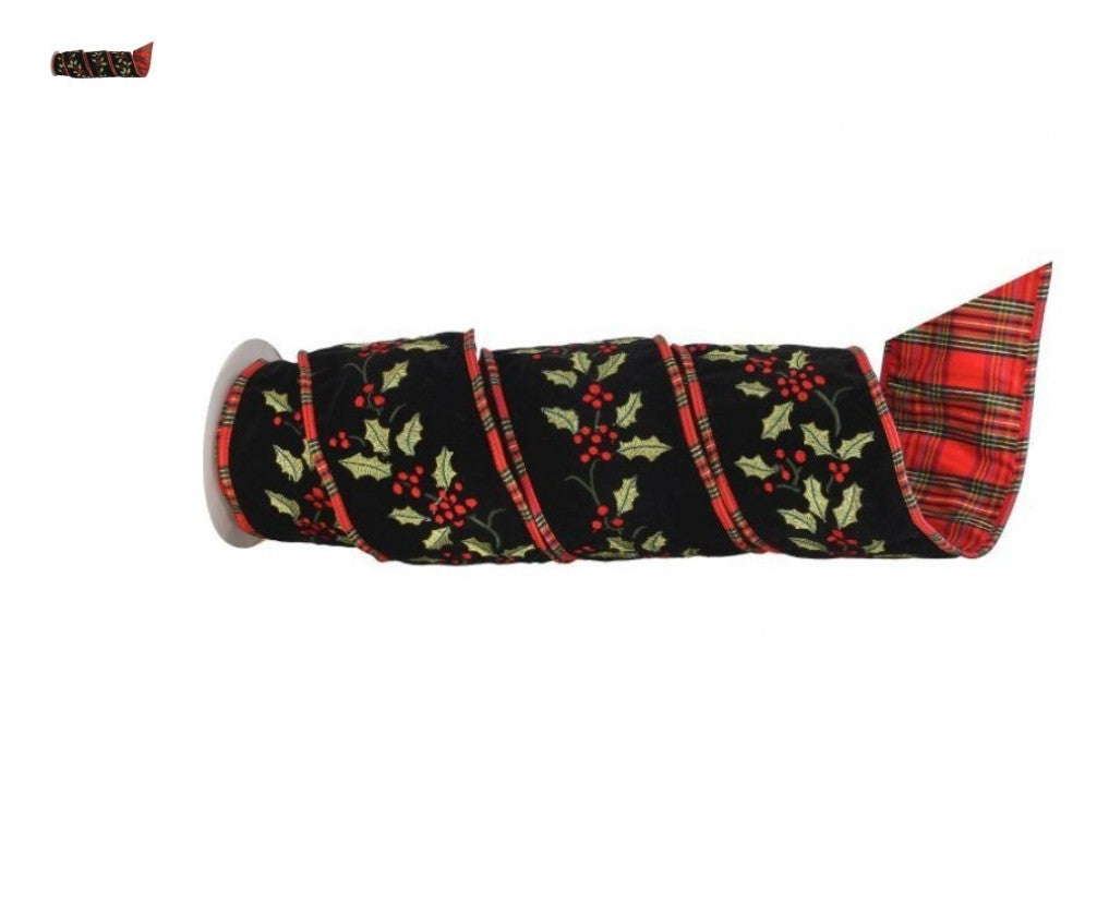 Holly Leaf Velour Tartan Ribbon – Black, Green & Red - 4 Inches by 10 Yards