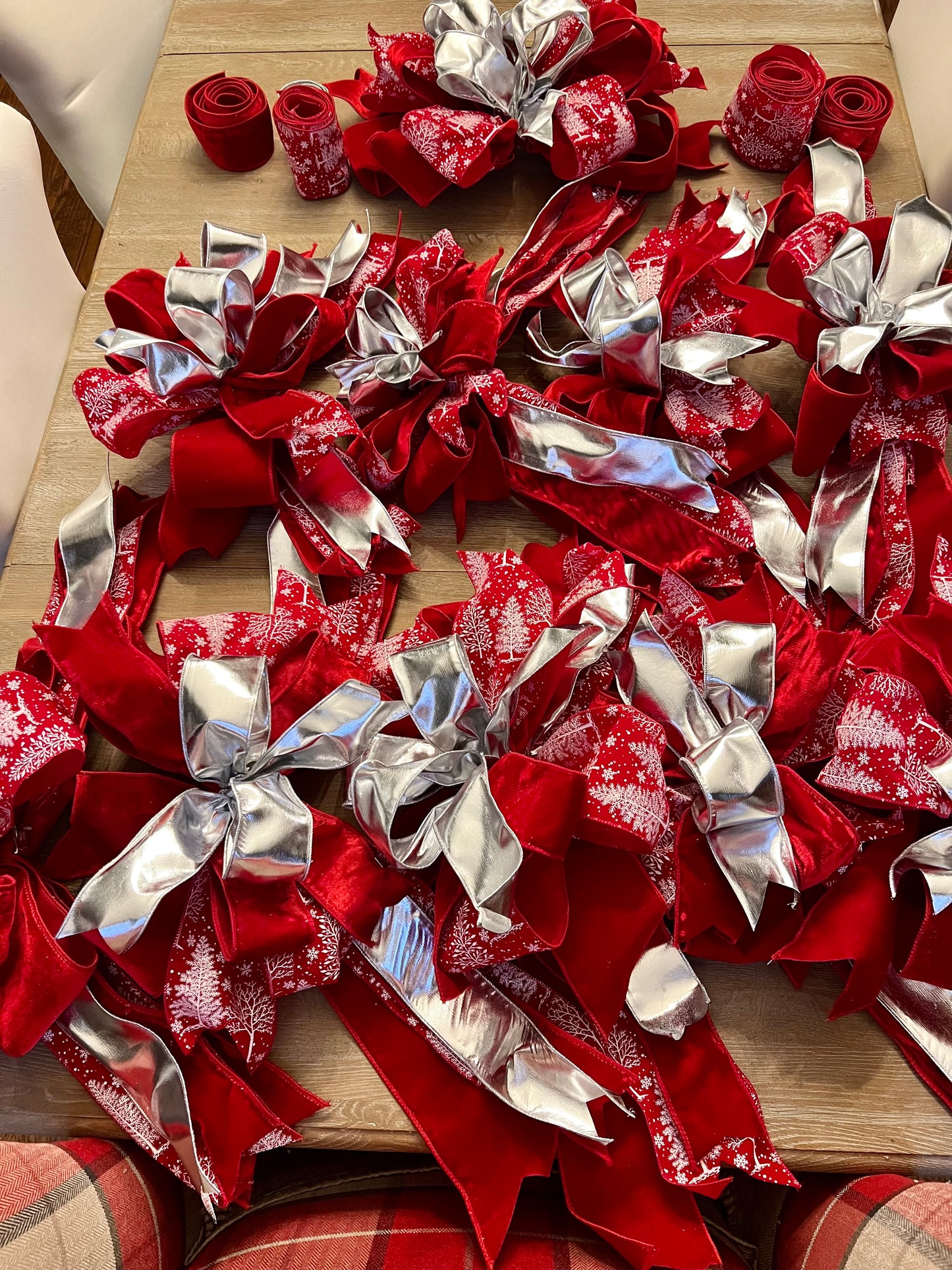 Set of 10 Bows Red Velvet and Silver Mirror Ribbon