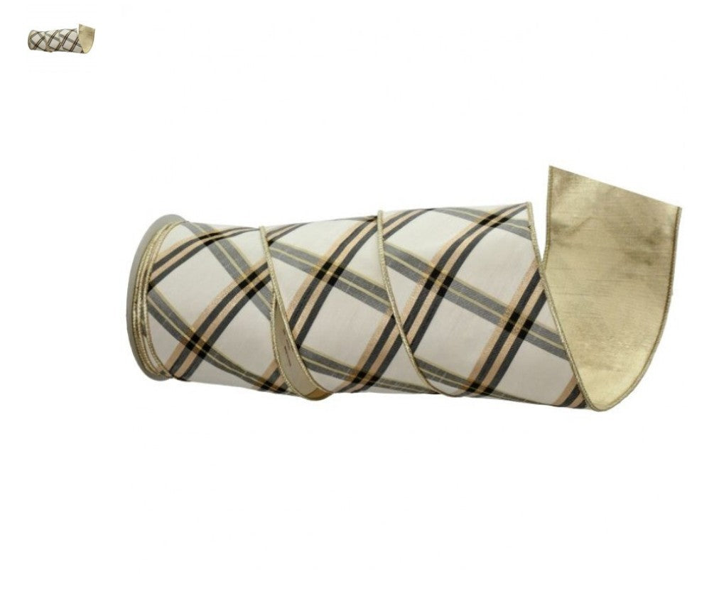 Black, White & Gold Plaid Dupion Stripe Ribbon – 4 Inches by 10 Yard