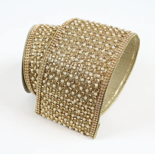 Gold Diamond & Pearl Encrusted WIRED Designer Ribbon, 4 Inch by 5 Yards