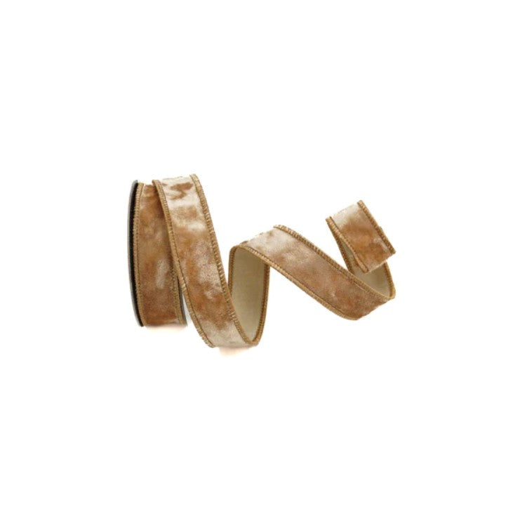 Almond Silky Velvet WIRED Designer Ribbon, 1 Inch by 10 Yards