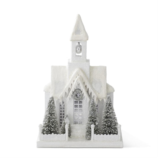 15" Snowy Glittered Lighted Christmas Church – Battery Operated
