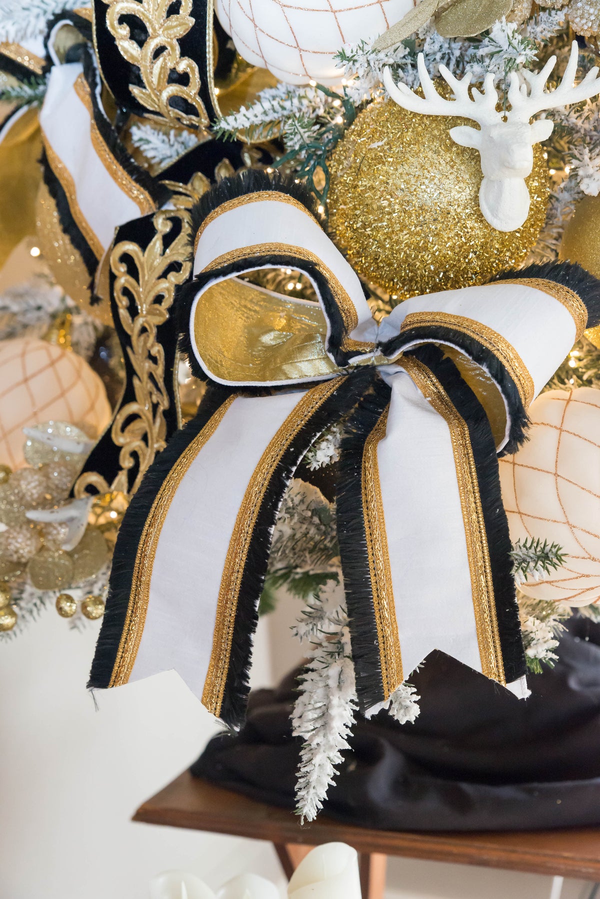 Festival Fringe White, Black, and Gold WIRED Designer Ribbon 4 Inch by 10 Yards