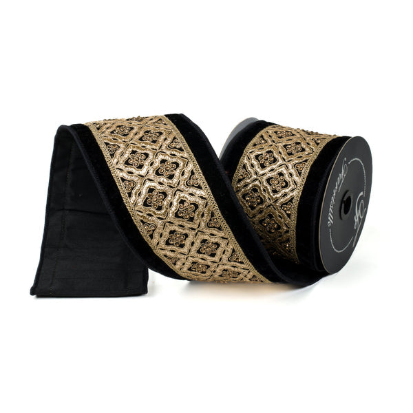 Heirloom Tapestry in Black and Gold WIRED Designer Ribbon, 4 Inch by 5 Yards