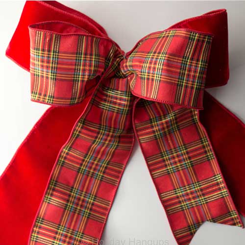 Set of 6 Double Loop Bows with 4 Inch Red Velvet and Multiplaid
