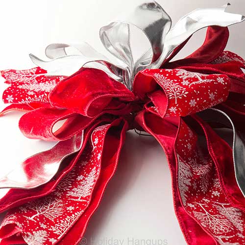 Set of 10 Bows Red Velvet and Silver Mirror Ribbon