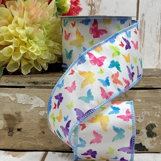 Bright Watercolor Butterflies Grosgrain WIRED Designer Ribbon 4 Inches by 10 Yards