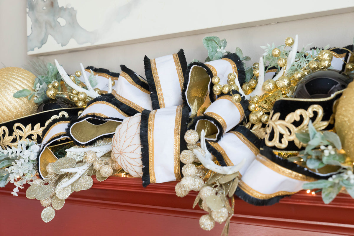 Festival Fringe White, Black, and Gold WIRED Designer Ribbon 4 Inch by 10 Yards