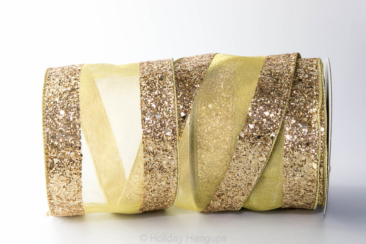 Gold Designer Ribbon Gold Chunky Glitter Borders WIRED Designer Ribbon, 4 Inch by 10 Yards ...