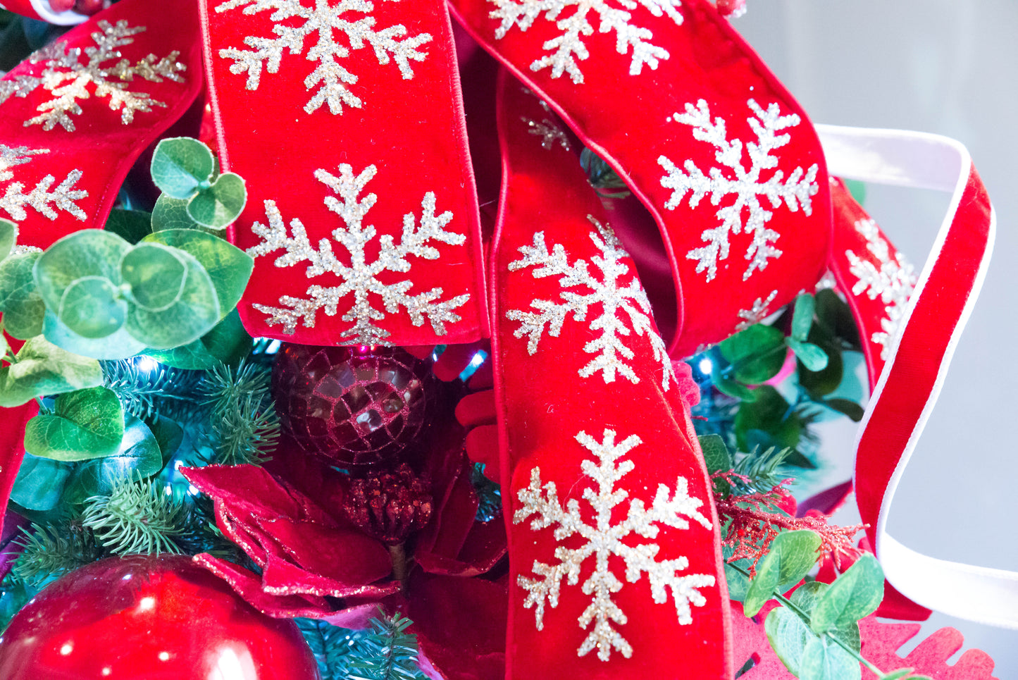 Red Velvet Glittered Snowflake WIRED Designer Ribbon, 4 Inch by 5 Yards