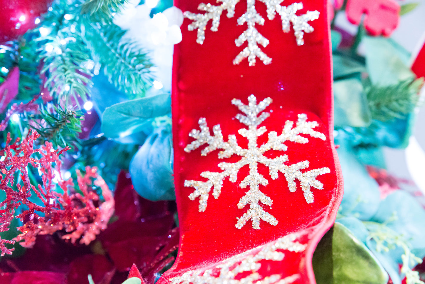 Red Velvet Glittered Snowflake WIRED Designer Ribbon, 4 Inch by 5 Yards