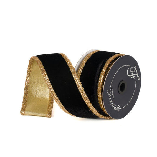 Gold Dust Borders in Black and Gold By Farrisilk Designer Wired Ribbon - 2.5 Inches by 5 Yards