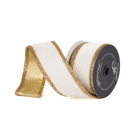Gold Dust Borders in Ivory and Gold By Farrisilk Designer Wired Ribbon - 2.5 Inches by 5 Yards