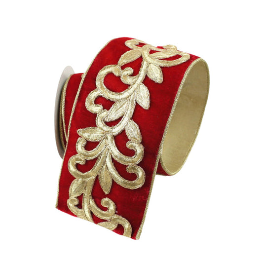 Royal Embroidery in Red Designer WIRED Ribbon by Farrisilk 4 Inch x 5 Yards