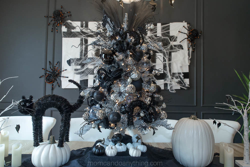 Halloween Christmas tree, tinsel tree, silver tinsel tree, black cats, spiders, Halloween decor