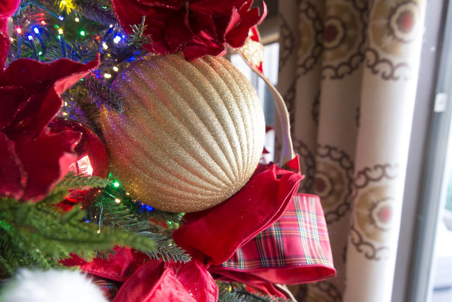 8 Inch Shatterproof Gold Pleated Glitter Finish Designer Ball Ornament, Pre-Wired for Christmas Decorating
