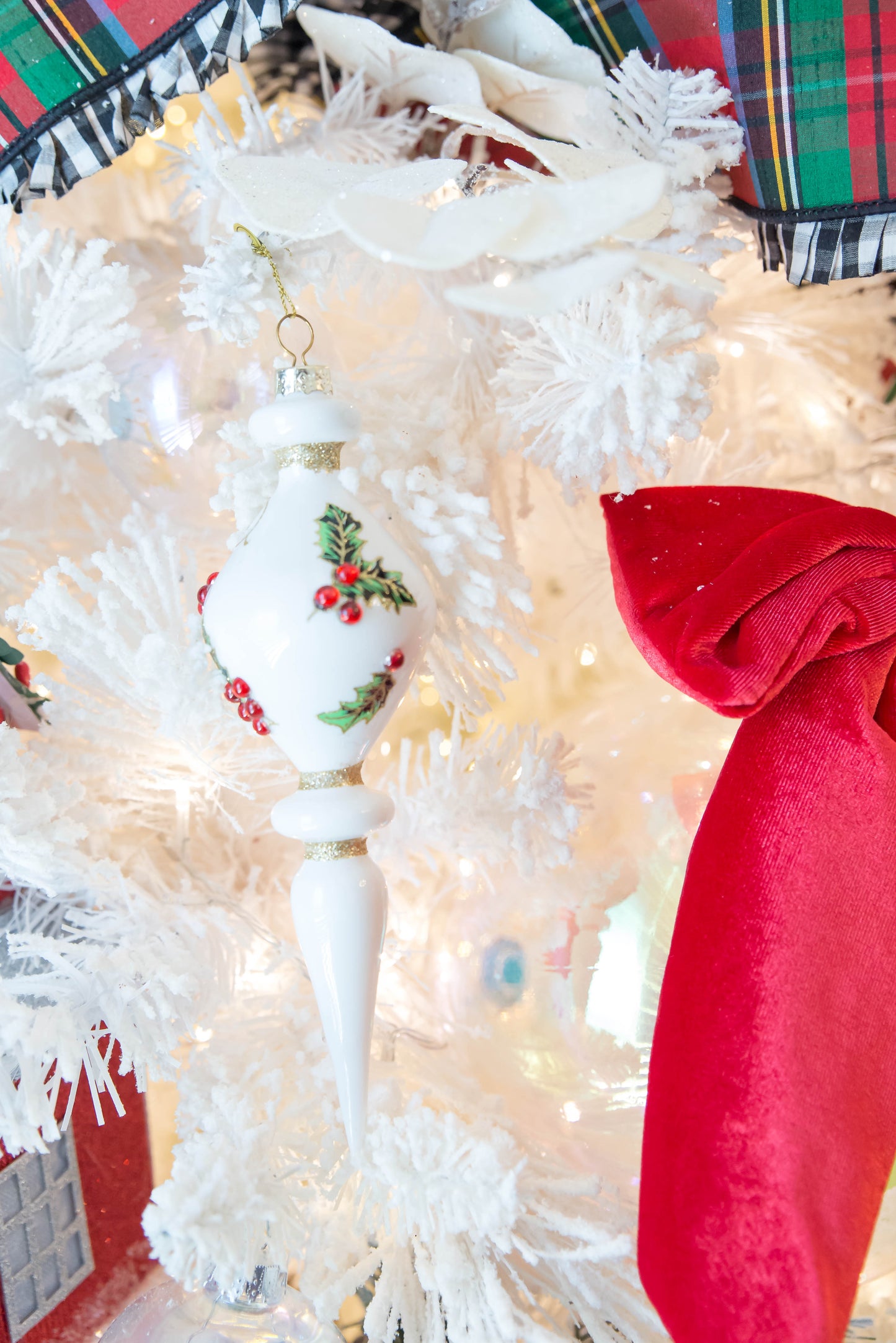 Pair of 8" Holly Pattern Finial Ornament | Traditional Christmas Tree Ornament | Holiday Decor