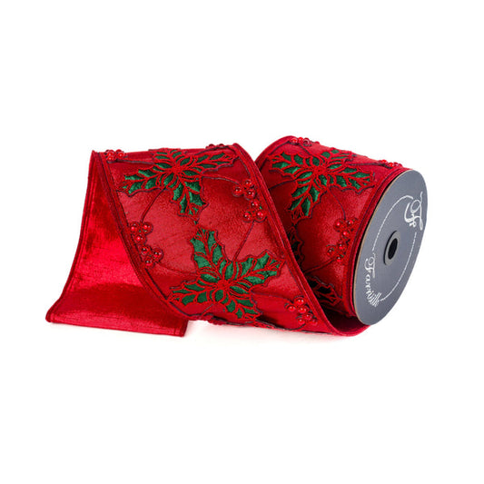 Red Holly Crest WIRED Designer Ribbon, 4 Inch by 5 Yards