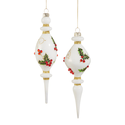 Pair of 8" Holly Pattern Finial Ornament | Traditional Christmas Tree Ornament | Holiday Decor