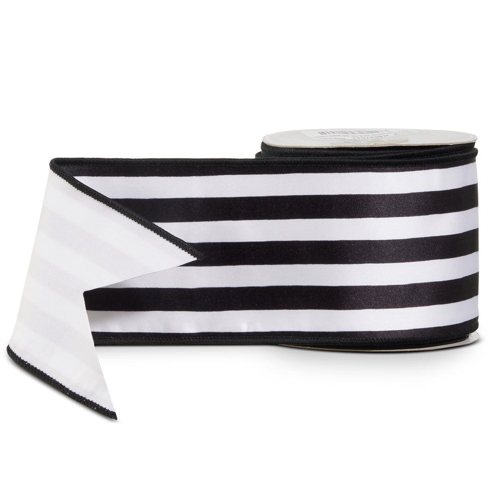 Black & White Striped Satin Wired Ribbon – 4 Inches by 10 Yards