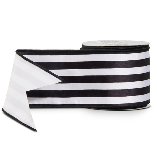 Black & White Striped Satin Wired Ribbon – 4 Inches by 10 Yards