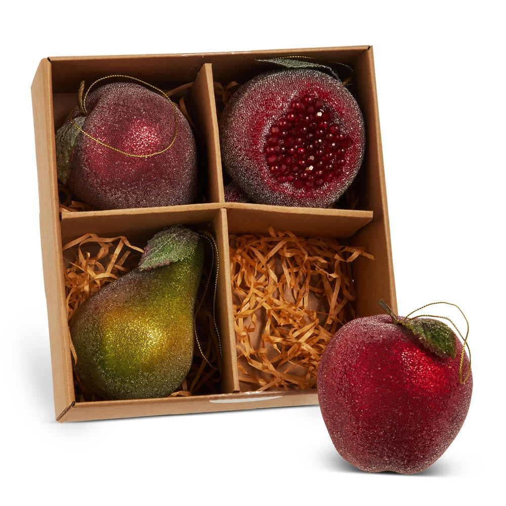 4.5" Sugared Fruit Christmas Ornaments – Set of 4 Apples, Pomegranate & Pear