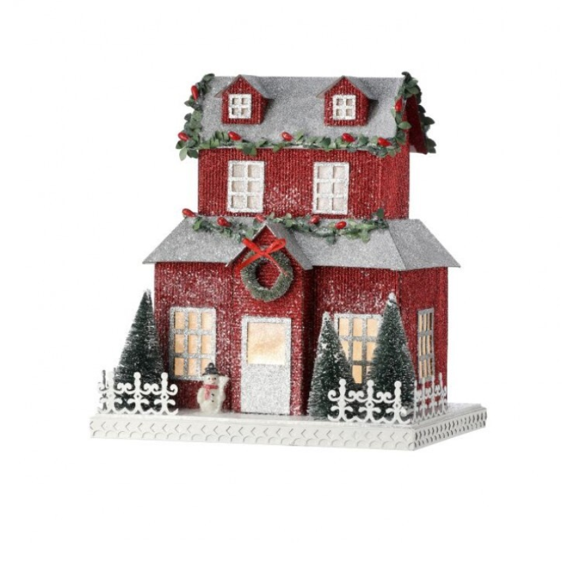10.5 Inch Red and Silver Christmas in the City LED Cardboard Paper House