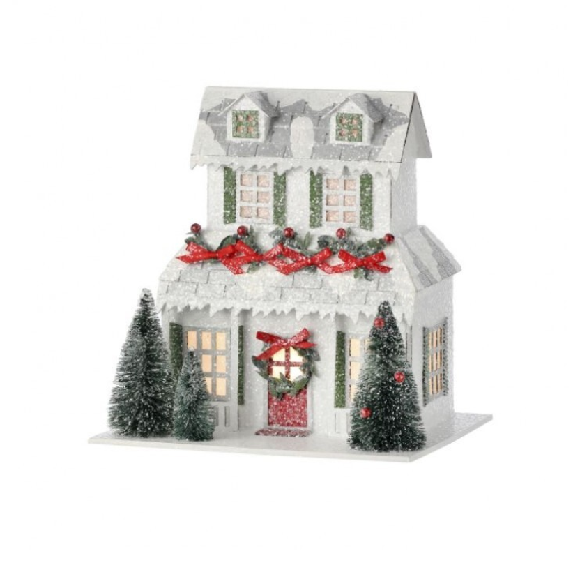 9 Inch White and Silver 2 Story Cardboard Paper House with Snowman