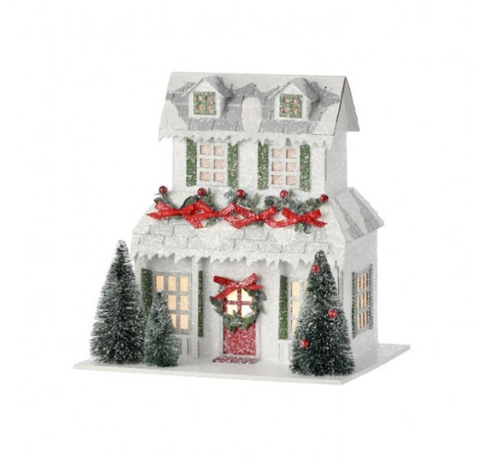 9 Inch White and Silver 2 Story Cardboard Paper House with Snowman
