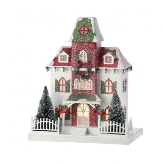 12 Inch 2 Story White, Red, and Green Tutor Style LED Cardboard Paper House with Trees